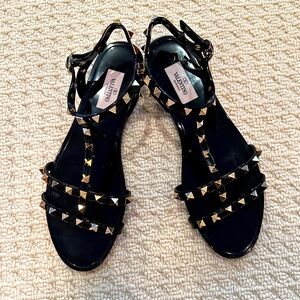 Valentino Garavani Black Sandals with Gold Studs